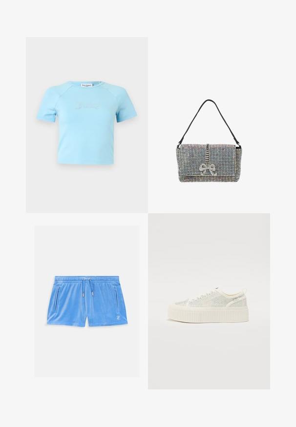 Svetlomodrý krátky crop top s krátkymi rukávmi a okrúhlym výstrihom, s nápisom „Juicy" z kryštálikov uprostred na hrudi.; Svetlomodré velúrové šortky s elastickým pásom, šnúrkou a dvoma bočnými zipsovými vreckami. Na stehne sa nachádza malé vyšívané logo.; Biele platformové tenisky s textúrovaným zvrškom, ktorý má iridescentné akcenty a hrubú ribbovanú podrážku. Sťahovacie šnúrky a pútko na zadnej strane.; Malá obdĺžniková kabelka s čiernym remienkom, celá pokrytá lesklými striebornými kryštálmi a dekoratívnou mašľou z kryštálov na prednej klope.