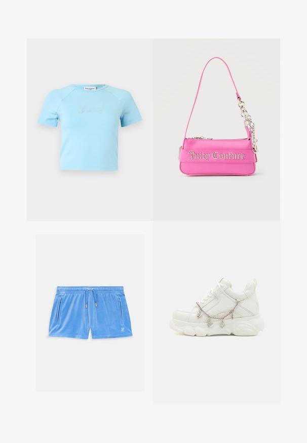 Lichtblauw crop top met korte mouwen en ronde halslijn, met "Juicy" in strass-steentjes op de borst gecentreerd.; Lichtblauwe velours shorts met een elastische tailleband, een trekkoord en twee zijzakken met rits. Bevat een klein geborduurd logo op de dij.; Witte sneakers met een dikke zool, een gestructureerde leren bovenkant en een decoratieve metalen ketting met bedels. Voorzien van vetersluiting en een gevoerd kraagje.; Kleine felroze Juicy Couture-handtas met zilveren kettingdetail en logotekst aan de voorkant, enkele smalle schouderband.