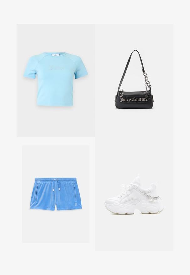 Hellblaues Crop-Top mit kurzen Ärmeln und rundem Ausschnitt, mit „Juicy“ in Strasssteinen zentriert auf der Brust.; Himmelblaue Velours-Shorts mit einem elastischen Bund, Kordelzug und zwei seitlichen Reißverschlusstaschen. Mit einem kleinen gestickten Logo auf dem Oberschenkel.; Weißer klobiger Sneaker mit dicker Sohle, Schnürsenkeln vorne und Kettendetail mit hängenden Perlen an der Ferse.; Schwarze Handtasche aus strukturiertem synthetischem Material. Verfügt über einen Kettenriemen und das silberne "Juicy Couture"-Logo, das prominently auf der Vorderseite angebracht ist.
