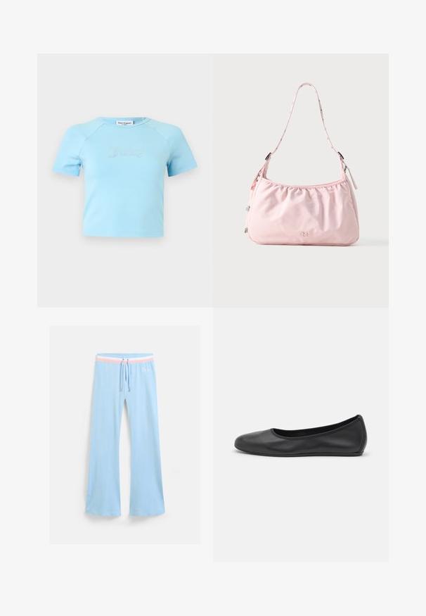 Lyseblå crop top med korte ærmer og rund halsudskæring med teksten "Juicy" i rhinsten midt på brystet.; Lyseblå, flagrende sweatpants med snor i taljen. Har en pink og hvid stribet accent samt broderet logo. Blød stoftekstur.; Sort læderballetsko med rund tå, glat tekstur, minimal syning og et fleksibelt såldesign.; Lyserød skuldertaske med justerbar rem, samlet topkant, lynlås og lille præget logo foran i midten.