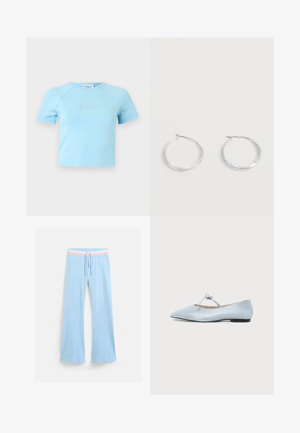 Lyseblå crop top med korte ærmer og rund halsudskæring med teksten "Juicy" i rhinsten midt på brystet.; Lyseblå, flagrende sweatpants med snor i taljen. Har en pink og hvid stribet accent samt broderet logo. Blød stoftekstur.; Lyseblå flad sko med spids tå, tynd bundet rem over toppen og en lille sort hæl.; Sølvfarvede metaloorringe med glat, let buet overflade og låsemekanisme på en ensfarvet hvid baggrund.