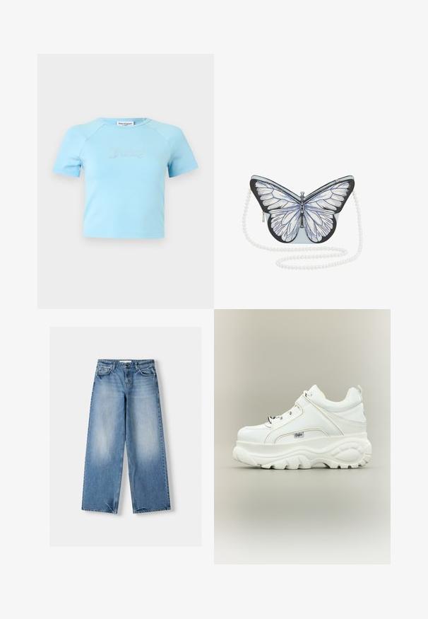 Svetlomodrý krátky crop top s krátkymi rukávmi a okrúhlym výstrihom, s nápisom „Juicy" z kryštálikov uprostred na hrudi.; Svetlomodré džínsy s voľným strihom, širokými nohavicami a vyblednutými časťami. Vyrobené z denimu s klasickým dizajnom piatich vreciek a zapínaním na horný gombík.; Biele platformové tenisky s hrubou masívnou podrážkou, šnurovanie vpredu a logom značky Buffalo na boku, zobrazené z vonkajšej strany.; Kabelka v tvare motýľa so svetlomodrým telom, detailnými bielymi krídlami, čiernymi akcentmi a perlovo vyzerajúcim reťazovým popruhom. Zipsové uzatváranie na boku.