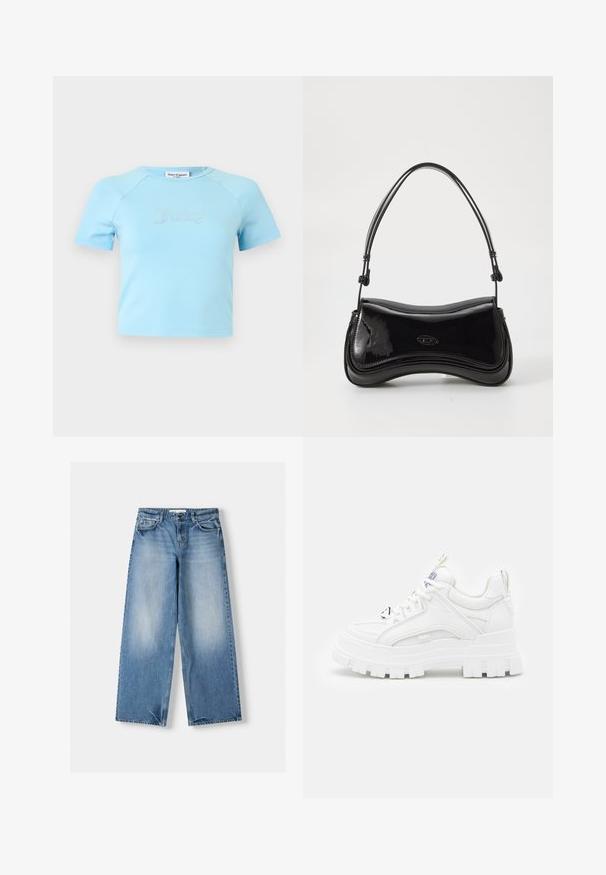 Svetlomodrý krátky crop top s krátkymi rukávmi a okrúhlym výstrihom, s nápisom „Juicy" z kryštálikov uprostred na hrudi.; Svetlomodré džínsy s voľným strihom, širokými nohavicami a vyblednutými časťami. Vyrobené z denimu s klasickým dizajnom piatich vreciek a zapínaním na horný gombík.; Biele robustné tenisky s textúrovaným zvrškom, polstrovaným golierom a hrubou, ryhovanou podrážkou. Obsahuje kontrastné čierne šnúrky a detaily s logom.; Čierna lakovaná kabelka s zakriveným tvarom, jedným uchom a zaobleným dnom. Na prednej strane sa nachádza decentný detail loga.
