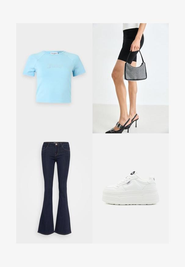 Lyseblå crop top med korte ærmer og rund halsudskæring med teksten "Juicy" i rhinsten midt på brystet.; Mørke denim flare jeans med en tætsiddende talje, der har en forsænket knaplukning, fem-lomme design og sømdetaljer langs benene.; Hvide platform sneakers med en glat syntetisk overflade, rund tå, polstret krave og tekstureret sål. Har et kontrasterende logo-tag.; Sort perlehandtaske med en buet silhuet, bærehåndtag og blank overflade. Båret med højhælede sorte sko og tætsiddende sorte shorts.