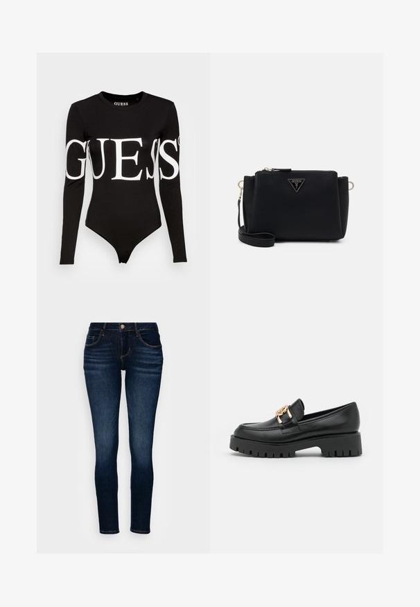 Sort langærmet bodysuit med et fremtrædende hvidt "GUESS" logo på forsiden, lavet af strækbart bomuldsstof.; Mørkeblå slim-fit jeans med let falmning ved lårene, synlige syninger, knap foran, lynlås og fem-lomme design.; Sorte læder loafers med en kraftig sål og guldhardware; har rund tå og syede detaljer langs overdelen.; Sort syntetisk håndtaske med tekstureret overflade, guldfarvet hardware, justerbar rem, trekantet logo på fronten og sikker lynlåsning.