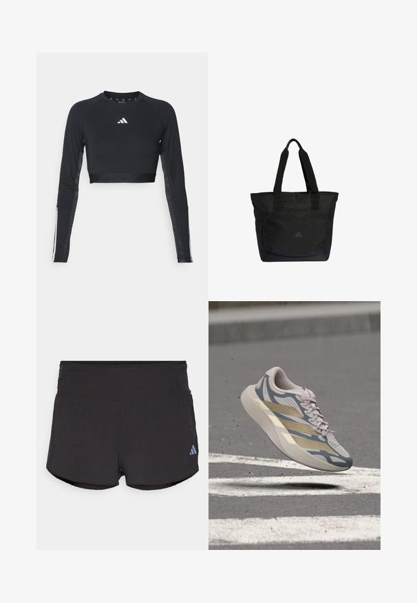 Zwart geknipt langemouwen workout top van gladde stof. Bevat een wit logo op de borst en gestreepte accenten op de mouwen.; Zwarte sportshorts met een gematteerde afwerking, voorzien van een brede tailleband en een Adidas-logo in lichtblauw aan de onderzijde links.; Lichtbeige en grijze hardloopschoen met gouden strepen, vastgelegd in de lucht boven een grijze asfaltondergrond met witte geschilderde lijnen.; Zwarte stoffen tas met dubbele handvatten en een voorvak met rits, met een klein geperst Adidas-logo in het midden.