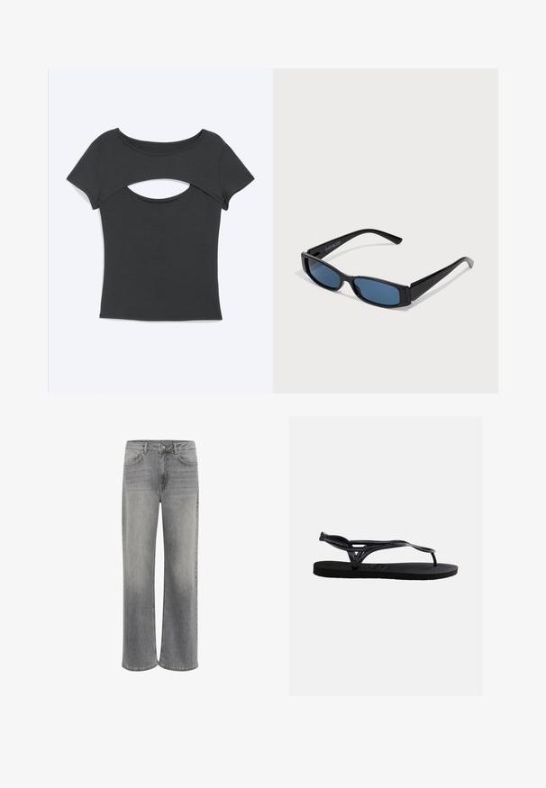 Schwarzes figurbetontes Kurzarm-Top mit horizontalem Ausschnitt unter dem runden Ausschnitt, flach auf hellem Hintergrund liegend.; Weite Jeans aus grauem Denim mit hoher Taille, fünf Taschen, einem vorderen Knopfverschluss und dezentem Verblassen des Materials.; Schwarze Gummizehensandale mit strukturierter Sohle und dünnen Riemen, die einen Zehensteg und eine Knöchelstützschlaufe bilden, vor weißem Hintergrund.; Schwarze Sonnenbrille mit einem eleganten rechteckigen Rahmen und blauen Gläsern. Besitzt eine glatte Oberfläche und robuste Scharniere. Markenlogo an der Seite.