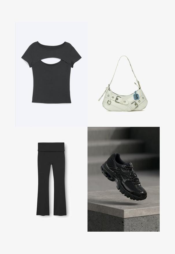 Haut noir ajusté à manches courtes avec une découpe horizontale sous l'encolure ronde, posé à plat sur un fond clair.; Leggings noires évasées en tissu lisse et extensible. Dotés d'une taille large et d'un design minimaliste sans motifs ni accents.; Chaussure de course noire Nike avec tige en mesh et synthétique flottant au-dessus d'une surface en béton avec des marches en arrière-plan.; Sac à main synthétique blanc avec une silhouette incurvée, une bandoulière réglable, une boucle décorative, du matériel en argent et une étiquette bleue attachée.