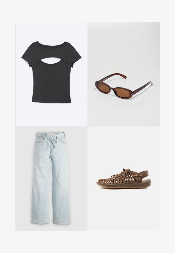 Top negro de manga corta ajustado con un corte horizontal debajo del escote redondo, colocado plano sobre un fondo claro.; Jeans de tiro alto de color azul claro, de pierna ancha, con lazo en la parte delantera, diseño clásico de cinco bolsillos y un sutil detalle de desgaste en las piernas. Material de denim.; Sandalia marrón con dedos abiertos, parte superior de cordón trenzado, correa ajustable en el talón y suela acolchada, diseñada para uso exterior e informal.; Gafas de sol redondas con tinte marrón y un marco burdeos brillante. Patillas delgadas con un sutil detalle de marca. Diseño de lentes planos.