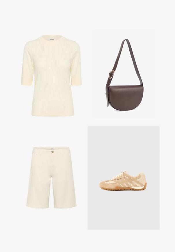 Pull court à manches courtes en maille côtelée crème avec un col rond et des poignets côtelés contrastants, présentant une texture douce et une silhouette ajustée.; Shorts couleur crème en mélange de coton, présentant une fermeture à bouton, des passants de ceinture et des poches latérales ; texture lisse avec un design à coupe droite.; Chaussure de sport beige en suède et mesh, dotée d'une semelle en caoutchouc texturée et de trois bandes diagonales sur le côté.; Sac bandoulière en cuir marron avec une forme courbée, une sangle réglable et des détails en métal doré. Texture lisse et design minimaliste.