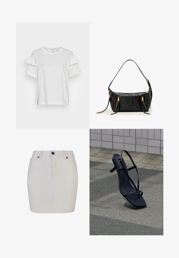 Witte T-shirt met korte mouwen van lichtgewicht stof, voorzien van ruches op de mouwen en een ronde halslijn. Eenvoudig, strak design.; Witte denim minirok met hoge taille, vooraan knopen en rits, riemlussen en twee voorzakken.; Zwarte sandaal met hoge hak en dunne bandjes en een gouden gesp, rechtopstaand op een gestructureerd trottoir nabij een betegelde muur.; Zwart leren handtas met een gebogen schouderriem, twee voorzakken met rits en gouden metalen accenten. Soepele textuur en gestructureerde vorm.