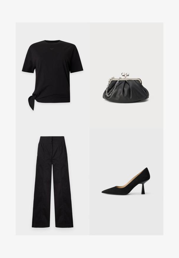 T-shirt noir à manches courtes avec col rond et un détail de nœud noué sur le côté gauche à l'ourlet.; Pantalon noir taille haute à jambes larges avec des détails de coutures frontales et des poches latérales, présenté sur un fond clair uni.; Pompe à talons hauts en suède noir avec un bout pointu, dotée d'un talon bloc noir brillant et d'une doublure intérieure lisse.; Porte-monnaie en cuir noir avec texture froncée, cadre en métal argenté, fermeture à verrouillage kiss-lock et bandoulière en chaîne. Surface lisse et douce.