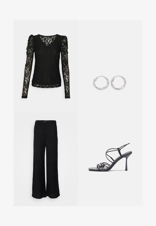 ONLY Tall ONLPOULA V NECK - Langarmshirt - black; Schwarze, weite Hosen aus luftigem Material, mit glatter Textur, vorderem Knopfverschluss und Seitentaschen.; Schwarze, hochhackige Sandalen mit dünnen Riemen und einem geknoteten Design, einer glatten, rechteckigen Zehenpartie und einem eleganten Stiletto-Absatz.; Silberne Creolen mit einer welligen, unregelmäßigen Textur. Besitzen eine dünne, kreisförmige Form und eine reflektierende Oberfläche.