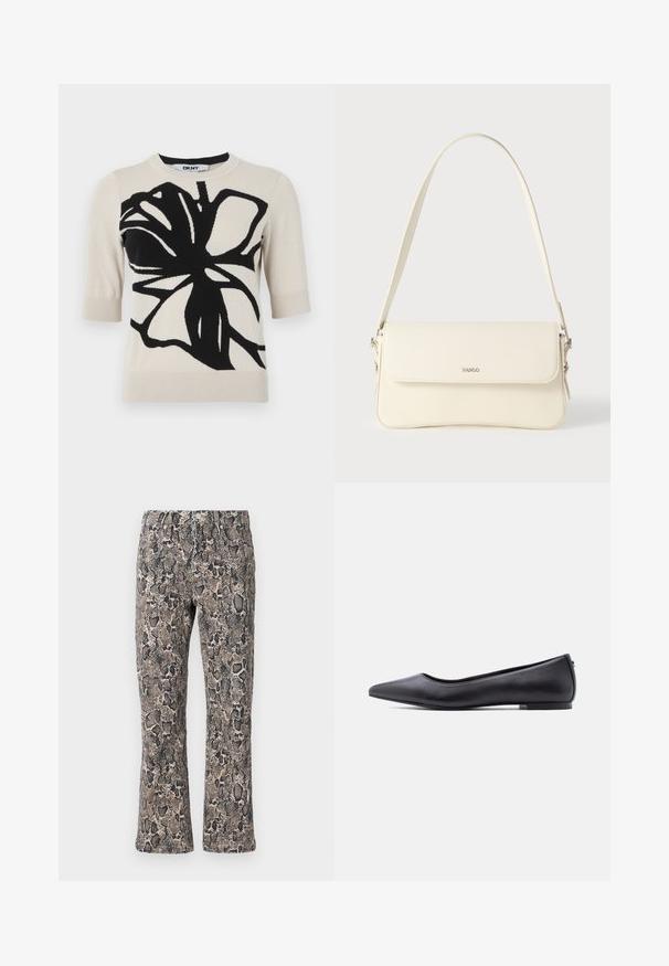 DKNY GRAFFITI FLORAL - Tričko s potlačou - light city khaki/black; Nohavice s hadím vzorom v odtieňoch hnedej a čiernej, s pohodlným strihom, elastickým pásom a textúrovanou tkaninou s šupinatým vzorom.; Čierna kožená balerína s špičatou špičkou a nízkym podpätkom, zobrazená z profilu na bielom pozadí.; Krémovo sfarbená kožená kabelka na rameno s preklopom, striebornými kovaniami, jedným nastaviteľným popruhom a jemnými detailmi loga.