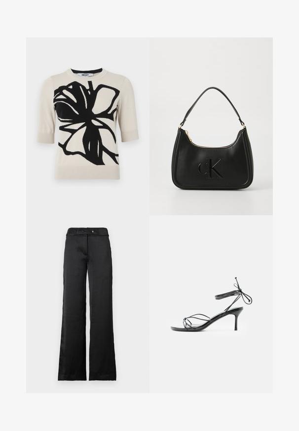 DKNY GRAFFITI FLORAL - Trükipildiga T-särk - light city khaki/black; Mustad laia jala materjalist püksid, millel on sile tekstuur, vöökoht ja nööbiga kinnihoidmine. Lihtne disain, sobib erinevateks juhtudeks.; Mustad õhukeste paeltega kõrge kontsaga sandaal, millel on õhukesed pahkluu paelad ja keskmise kõrgusega kitsekonts valgel taustal.; Mustvalge nahk-käekott, millel on kaarjas kuju, kuldne tõmblukk ja peene reljeefne "cK" logo. Sile tekstuur ja üks käepide.