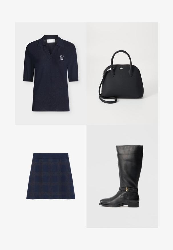 Marineblauw polohemd met korte mouwen, een kraag, een open halslijn en een klein rechthoekig wit patch op de linkerborst.; Navyblauwe geruite rok met een effen tailleband, gekenmerkt door een textuurpatroon in lichtere tinten. A-lijnvorm, gemaakt van een zachte, comfortabele stof.; Zwarte leren laarzen tot de knie met een gladde textuur, een klein gouden gespdetail, ronde neus en een lage, gestapelde hak. Eenvoudig, strak ontwerp.; Zwarte handtas van textuur materiaal, voorzien van twee bovenhandvatten en een afneembare schouderriem, met een zilveren logo-accent.