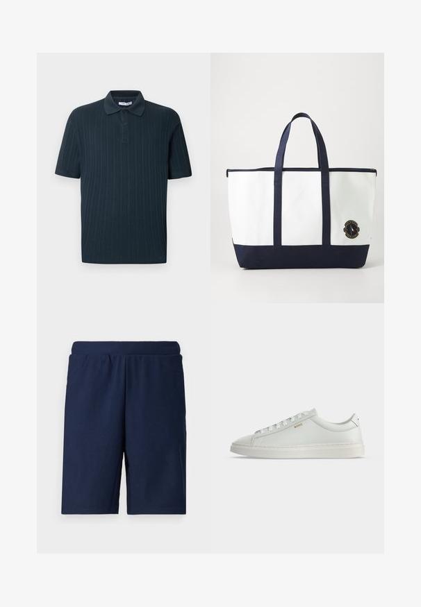 Marineblaues Polohemd mit kurzen Ärmeln und geripptem Stoff, mit Kragen und einer Leiste mit drei Knöpfen.; Navyblaue Sportshorts mit gerippter Textur, elastischem Bund und geradem Schnitt, entworfen für Komfort und Bewegungsfreiheit.; Weißer Leder-Sneaker in niedriger Ausführung mit Schnürsenkeln, flacher Sohle und kleinem goldfarbenem "BOSS" Logo an der Seite, von der Außenseite betrachtet.; Tote-Bag aus weißem Canvas mit marineblauen Akzenten. Verfügt über zwei robuste Griffe und ein Logo-Patch auf der Vorderseite. Rechteckige Form.