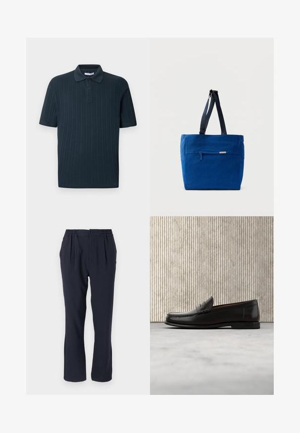 Marineblaues Polohemd mit kurzen Ärmeln und geripptem Stoff, mit Kragen und einer Leiste mit drei Knöpfen.; Himmelblaues Hosen aus weichem Stoff mit einem elastischen Bund, ausgestattet mit vorderen Falten und einem geraden Bein-Design.; Schwarzer Pennyloafer aus Leder mit niedrigem Absatz, abgerundeter Spitze und genähten Details vorne und an den Seiten, gezeigt vor neutralem Hintergrund.; Blaue Canvas-Einkaufstasche mit einer vorderen Reißverschlusstasche, doppelten Schulterriemen und rechteckiger Form. Verfügt über ein dezentes Markenlabel.