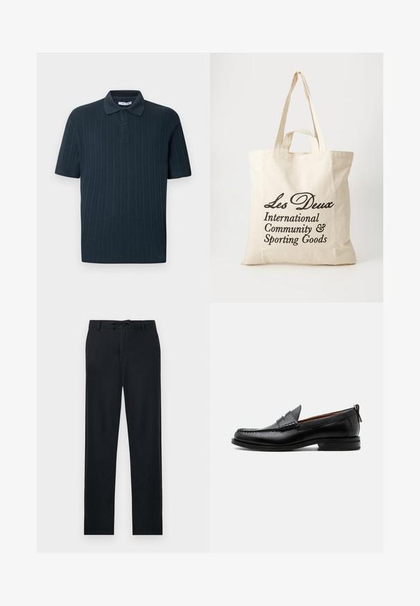 Donkerblauw poloshirt met korte mouwen en een geribbelde structuur, voorzien van een kraag en een drieknopsbies.; Zwarte broek van een lichtgewicht materiaal, met een rechte snit, verstelbare trekkoord taille en twee zijzakken.; Zwarte leren herensloffen met moc toe stiksel, pennyriem, gestructureerde kraag en lage gestapelde hak op witte achtergrond.; Beige katoenen tote bag met twee stevige handvatten. Beschikt over zwarte bedrukte tekst: "Les Deux International Community & Sporting Goods."