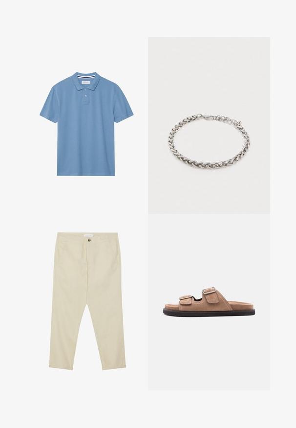 Polo bleu clair en tissu texturé, avec un col, une patte de boutonnage à trois boutons et des manches courtes.; Pantalons en coton beige avec une coupe droite, poches avant et fermeture à un bouton. Longueur cheville avec une texture lisse.; Sandale à glissière en suède marron avec semelle noire, présentant deux brides ajustables avec boucles et détail de couture blanche, vue latérale sur fond blanc.; Bracelet en chaîne torsadée en argent avec un fermoir mousqueton et des maillons ajustables sur un fond blanc uni.