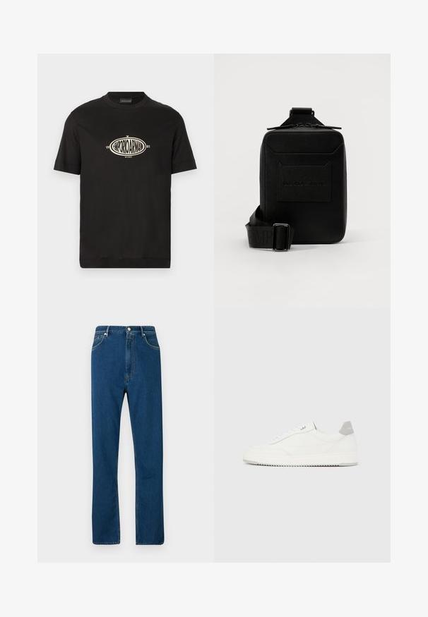 Schwarzes T-Shirt mit kurzen Ärmeln und Rundhalsausschnitt, mit zentralem ovalem Logo mit der Aufschrift „EMPORIO ARMANI 1981 MILANO“ in beiger Schrift.; Blaue Jeans mit hohem Bund, geradem Schnitt, Fünf-Taschen-Design und kontrastierendem orangefarbenem Nähen. Geschmeidige Textur.; Weißer Sneaker mit niedrigem Schaft, grauem Fersenlaschen, weißen Schnürsenkeln und einer strukturierten Sohle, dargestellt vor einem schlichten hellen Hintergrund.; Schwarze Ledertasche zum Crossbody-Tragen mit strukturierter Oberfläche, Reißverschluss, Vordertasche mit eingeprägtem Logo, verstellbarer Tragegurt mit Markennamen.