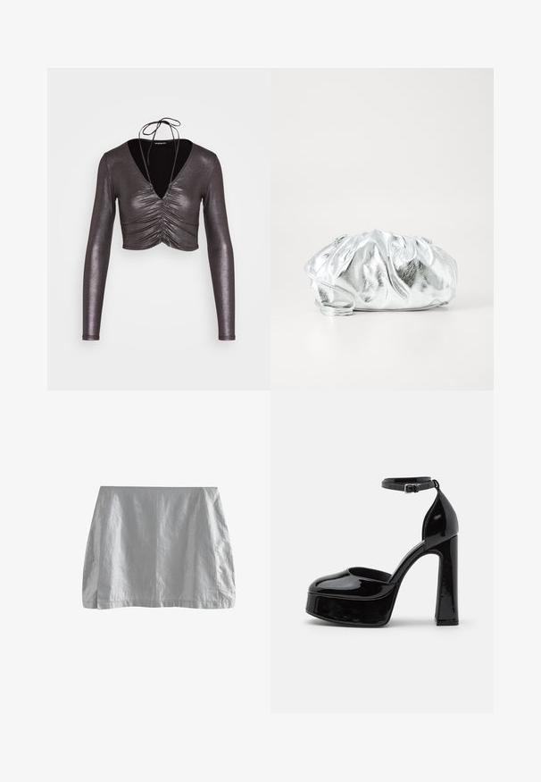 Even&Odd Langarmshirt - black/silver; Grauer Minirock aus leichtem Stoff mit glatter Textur, schlichter Gestaltung und geradem Saum. Keine sichtbaren Verschlüsse oder Verzierungen.; Schwarze Lackleder-Plateau-Absätze mit einem Knöchelriemen, runder Zehenform und Blockabsatz, die eine glatte, glänzende Textur präsentieren.; Metallisch silberne Clutch-Tasche mit einem weichen, gerafften Körper und einem dünnen Schultergurt. Sie verfügt über eine glatte, glänzende Textur und eine abgerundete Form.