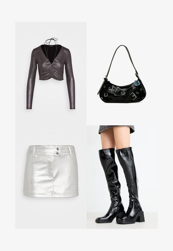 Even&Odd by Zalando T-shirt à manches longues - black/silver; Jupe en cuir synthétique argenté avec un motif crocodile texturé, dotée de deux accents de boutons bleus et d'un design ajusté.; Bottes noires, brillantes, montantes jusqu'aux genoux, avec un bout carré et un talon épais. Présentent une fermeture éclair latérale et un design ajusté en texture.; Sac à main en cuir verni noir avec une forme incurvée, présentant des ferrures en argent, des boucles décoratives et une bandoulière courte. Étiquette bleue attachée.