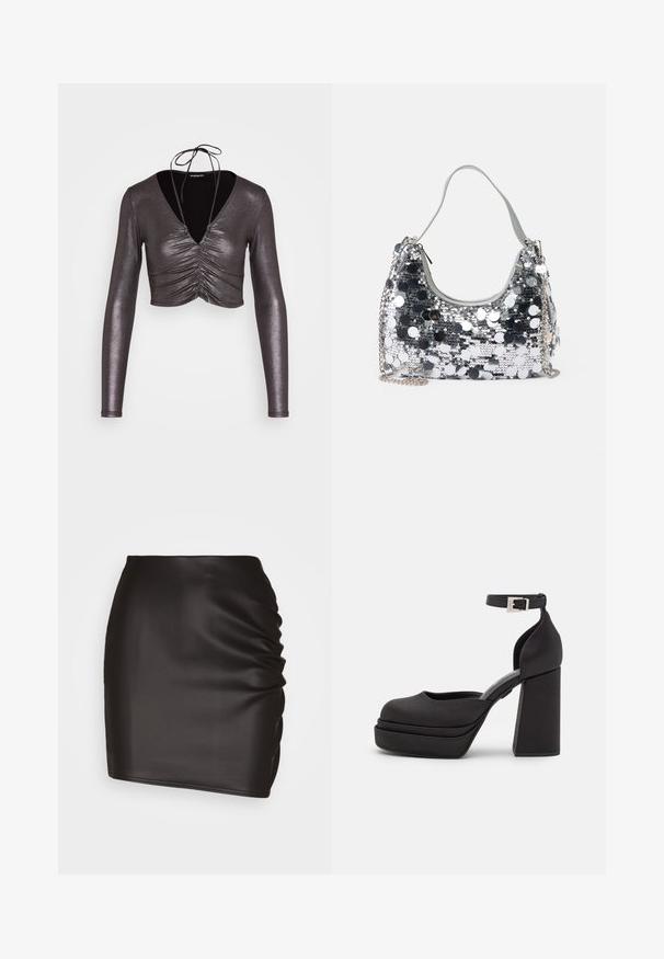 Even&Odd by Zalando Langærmet T-shirt - black/silver; Sort mini skirt lavet af glat syntetisk materiale, med rynket detaljer på den ene side og en tætsiddende silhuet.; Sorte platform stilethæle med rund tå, mat stof, høj blokhæle, justerbar ankelrem og diskret syning.; Sølvglitrende håndtaske med rund form, blød håndtag og sølvfarvet kædestrop. Har en lynlåslukning og reflekterende detaljer.