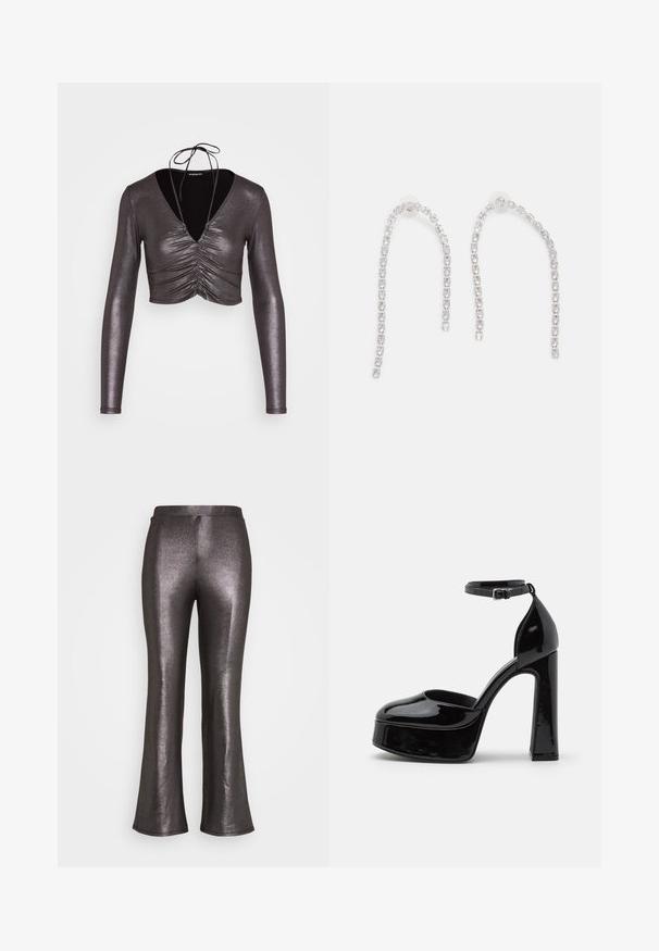 Even&Odd by Zalando Longsleeve - black/silver; Even&Odd by Zalando Broek - black/silver; Zwarte gepatenteerde leren plateauhakken met een enkelsluiting, ronde neus en een blokhak, die een gladde, glanzende textuur laten zien.; Zilveren oorbellen met hangende kettingen, voorzien van meerdere heldere edelstenen die in een lineair patroon zijn gerangschikt, wat een schitterend effect geeft.