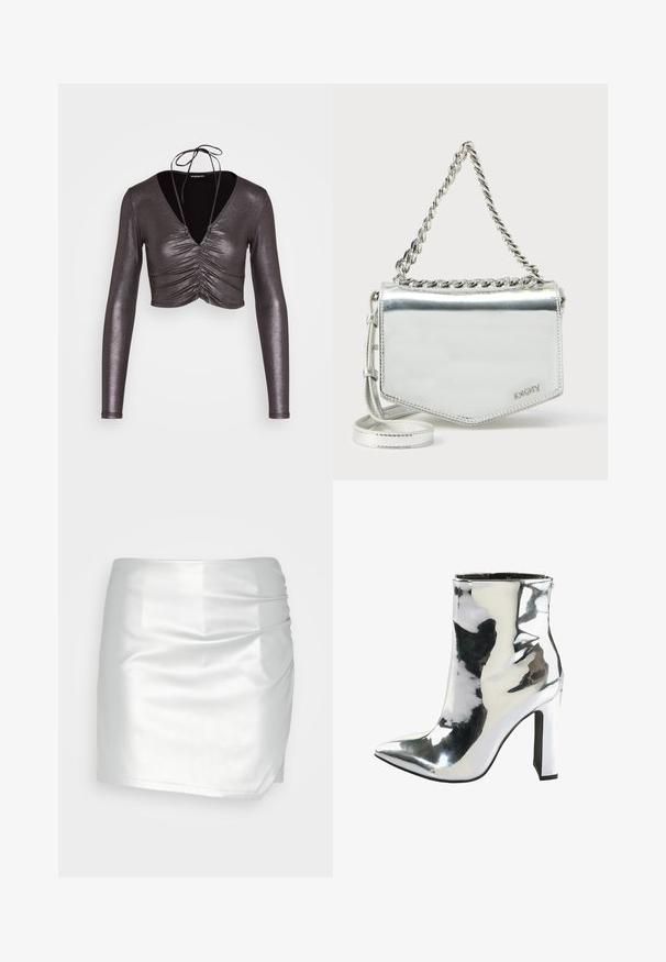 Even&Odd by Zalando Longsleeve - black/silver; Even&Odd by Zalando Shorts - silver; Zilveren gepatenteerde leren enkelboot met een spitse neus, een stevige hoge hak en een rits aan de zijkant, met een gladde, glanzende textuur.; Zilverkleurige metallic schoudertas met kettingriem, geometrische vorm, gladde textuur en logodetail. Voorzien van een ritssluiting en accentstiksels.