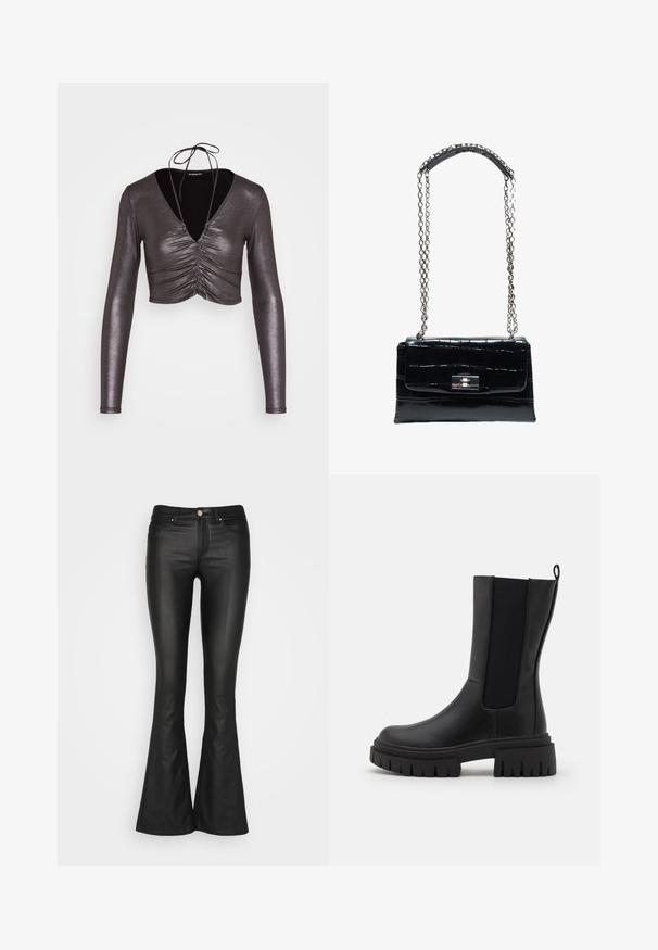 Even&Odd by Zalando Langarmshirt - black/silver; ONLY ONLBLUSH MID FLARED - Stoffhose - black; Schwarze Stiefelette aus Leder mit strukturiertem Finish, elastischen Seitenpaneelen und einer dicken, geriffelten Sohle für besseren Halt.; Schwarze Handtasche aus Krokodilleder mit silbernem Drehverschluss und langem silbernem Kettenriemen mit Leder-Schulterpolster.