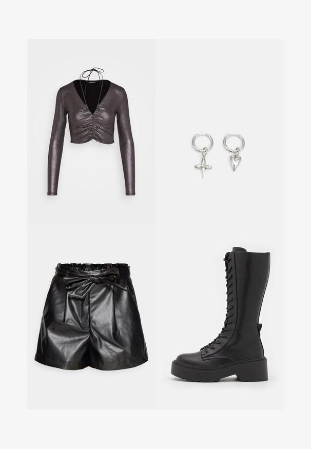 Even&Odd Longsleeve - black/silver; Zwarte faux leren shorts met een gathered tailleband, een gestrikt riempje, plooien en zijzakken. Soepele textuur en een getailleerde pasvorm.; Zwarte kniehoog laarzen met veter, voorzien van een chunky platformzool, een gladde leren afwerking en verstevigde stiksels langs de naden.; Zilveren ringoorbellen met een kruis- en hartbedel. Glad, glanzend oppervlak met een gepolijste afwerking. Elke bedel hangt aan een veilige lus.