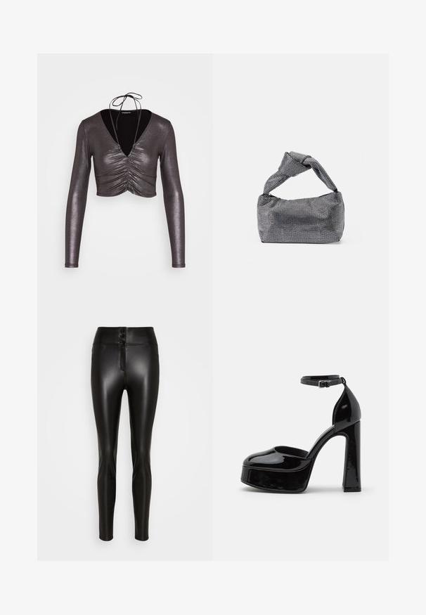 Even&Odd by Zalando Camiseta de manga larga - black/silver; ONLY ONLHEIDI - Pantalones - black; Zapatos de tacón de charol negro con plataforma y correa al tobillo, punta redondeada y tacón cuadrado, que muestran una textura lisa y brillante.; Bolso de mano negro y plateado con una superficie texturizada que presenta un patrón de diamante, un asa anudada y una forma estructurada.