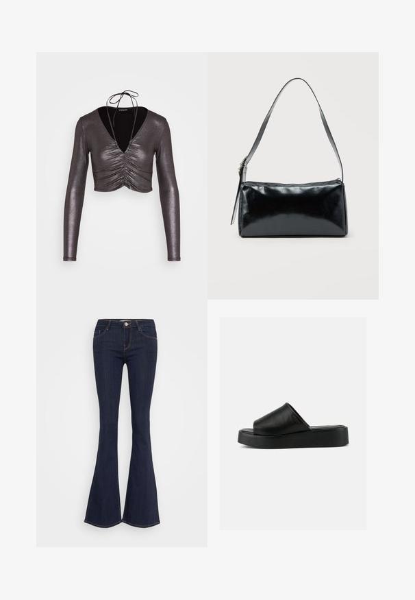 Even&Odd by Zalando Langærmet T-shirt - black/silver; Mørke denim flare jeans med en tætsiddende talje, der har en forsænket knaplukning, fem-lomme design og sømdetaljer langs benene.; Sort slip-on platform sandal med bredt læderoverdel og tyk sål, vist i sideprofil mod en ensartet grå baggrund.; Sort rektangulær skuldertaske med en enkelt justerbar rem og lynlås i toppen på en ensfarvet baggrund.