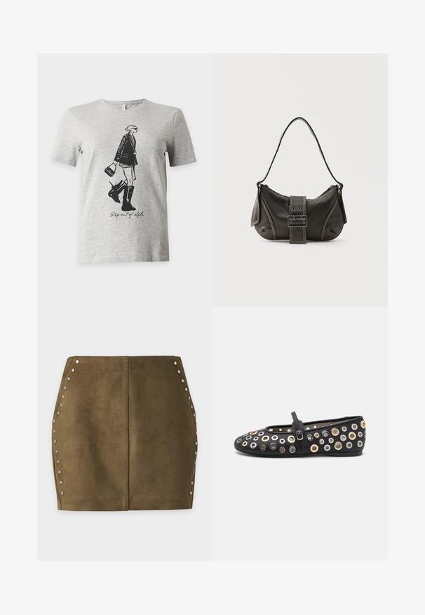 T-shirt gris clair à manches courtes avec une illustration noire d'une femme en bottes et veste tenant un sac à main et le texte "Step out of style."; Mini-jupe en daim vert olive avec des clous argentés le long des coutures latérales courbes et une couture centrale verticale.; Chaussure plate en cuir noir avec un bout arrondi, ornée d'accents métalliques circulaires en or, argent et bronze. Dispose d'une bride de type Mary Jane.; Sac à épaule en cuir noir avec une sangle à boucle, des bords arrondis et des coutures blanches contrastées sur un fond uni.