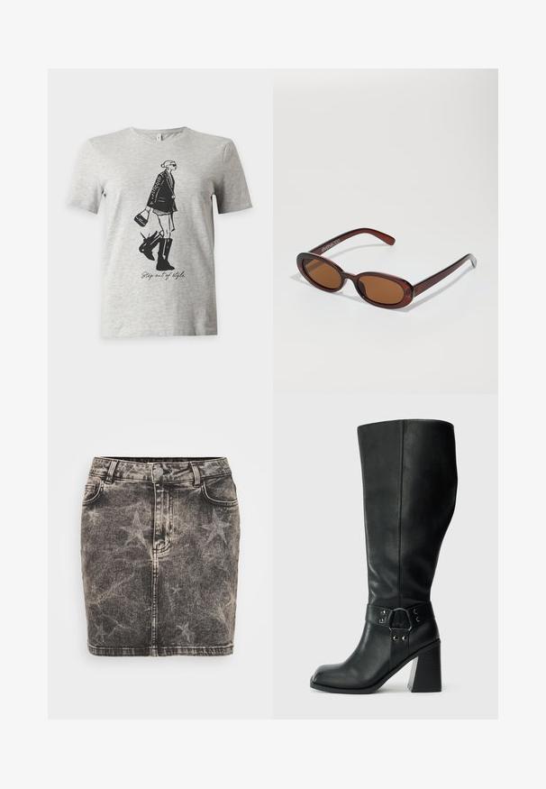 Camiseta de manga corta gris clara con una ilustración negra de una mujer con botas y chaqueta sosteniendo un bolso y el texto "Step out of style."; Minifalda de mezclilla en negro con un patrón de estrellas desvanecido. Presenta una cintura alta, cinco bolsillos y costuras en contraste. Cierre clásico de botón.; Botas de cuero negro hasta la rodilla con puntera cuadrada, tacón ancho y una correa decorativa con acentos metálicos alrededor del tobillo. Textura suave.; Gafas de sol redondas con tinte marrón y un marco burdeos brillante. Patillas delgadas con un sutil detalle de marca. Diseño de lentes planos.