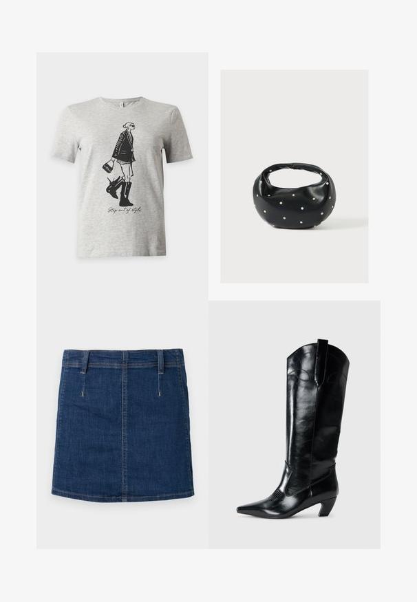 T-shirt gris clair à manches courtes avec une illustration noire d'une femme en bottes et veste tenant un sac à main et le texte "Step out of style."; Jupe en denim bleu foncé à la coupe ajustée, avec poches avant et détails de couture visibles. Présente un ourlet droit et des passants de ceinture.; Bottes en cuir noir montantes jusqu'au genou, avec une pointe effilée, un talon bas, et des détails de couture décoratifs sur les côtés. Fini lisse et brillant.; Sac à main en cuir noir de forme arrondie, décoré de clous argentés et équipé d'une poignée courte. Texture lisse et fermeture éclair.