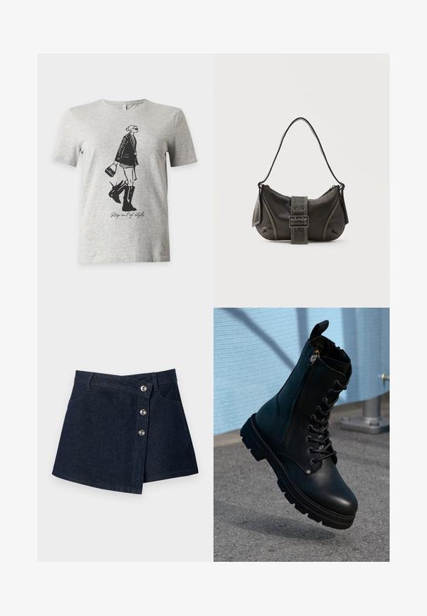 Lysegrå T-shirt med korte ærmer med en sort illustration af en kvinde i støvler og jakke, der holder en taske og teksten "Step out of style."; Mørkeblå denim mininederdel med asymmetrisk front, sølvfarvede knapper, bæltestropper og forlommer på ensfarvet baggrund.; Sorte læder ankel støvler med snørebånd, sidelås, tekstureret overflade og en robust sål med fremtrædende slidbaner.; Sort læder skuldertaske med spænde på remmen, afrundede kanter og kontrasterende hvide syninger på en ensfarvet baggrund.