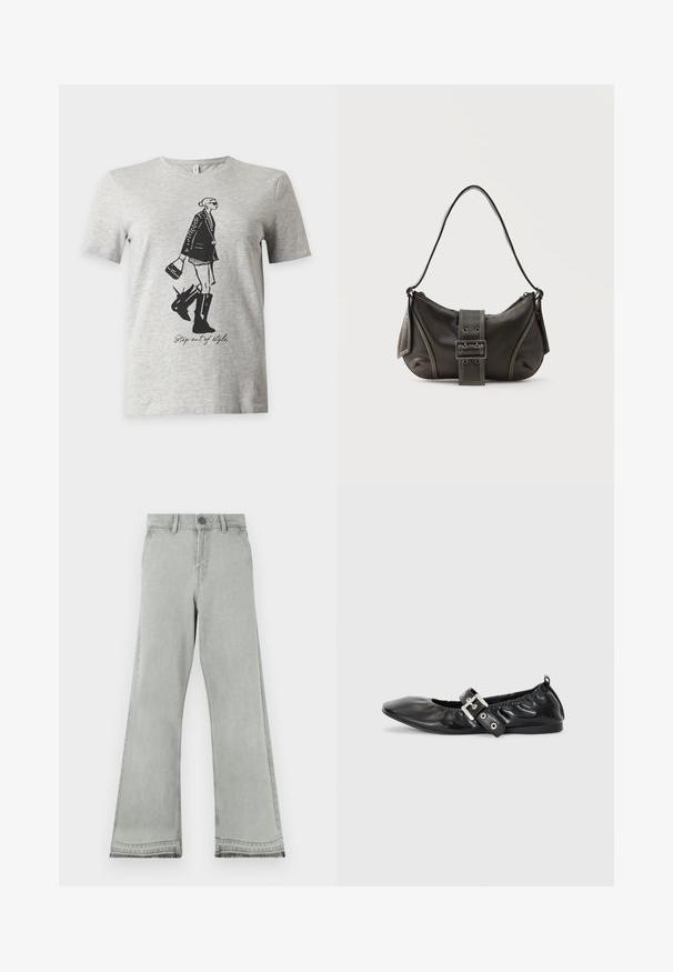 T-shirt gris clair à manches courtes avec une illustration noire d'une femme en bottes et veste tenant un sac à main et le texte "Step out of style."; Jean évasé gris clair en denim, doté d'une fermeture par bouton, d'une ceinture droite et d'une texture légèrement usée aux ourlets.; Chaussure plate en cuir noir avec un nez pointu, des détails froncés autour de l'ouverture et un accent en boucle argentée sur la bride ajustable.; Sac à épaule en cuir noir avec une sangle à boucle, des bords arrondis et des coutures blanches contrastées sur un fond uni.