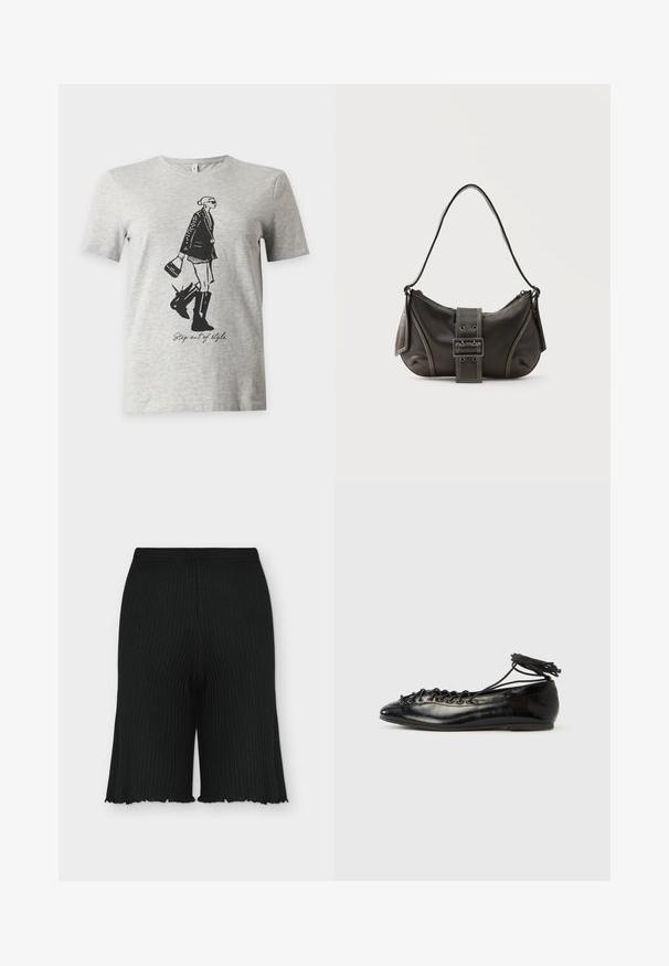 T-shirt gris clair à manches courtes avec une illustration noire d'une femme en bottes et veste tenant un sac à main et le texte "Step out of style."; Shorts en tricot côtelé noir avec une ceinture élastique et un ourlet légèrement froncé, vus de face sur un fond uni.; Ballerines en cuir verni noir avec un bout rond, un design à lacets et une semelle plate. Texture lisse avec peu de détails.; Sac à épaule en cuir noir avec une sangle à boucle, des bords arrondis et des coutures blanches contrastées sur un fond uni.