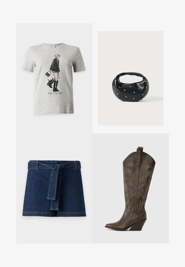 Hellgraues T-Shirt mit kurzen Ärmeln mit einer schwarzen Illustration einer Frau in Stiefeln und Jacke, die eine Tasche hält, und dem Text "Step out of style."; Dunkelblaue Jeans-Shorts mit einem breiten Bund und einem Stoffgürtel. Glatte Textur mit sichtbaren Nähten am Saum.; Braune Leder-Cowboystiefel mit einer spitzen Zehe, Wedge-Absatz und dekorativer Stickerei. Besitzt einen hohen Schaft und eine Zuglasche.; Schwarze Lederhandtasche mit abgerundeter Form, verziert mit silbernen Nietenakzenten und kurzem Griff. Glatte Struktur und Reißverschlussverschluss.