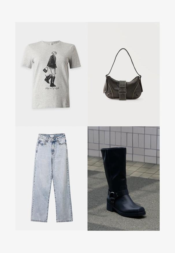 Lysegrå T-shirt med korte ærmer med en sort illustration af en kvinde i støvler og jakke, der holder en taske og teksten "Step out of style."; Lysblå lige ben jeans lavet af denim, med to frontlommer, en knaplukning og kontraststing langs sømmene.; Sort læderstøvle midt på læggen med lav blokhæle og en dekorativ rem med metal spænde rundt om anklen, på en flisebelagt fortov.; Sort læder skuldertaske med spænde på remmen, afrundede kanter og kontrasterende hvide syninger på en ensfarvet baggrund.