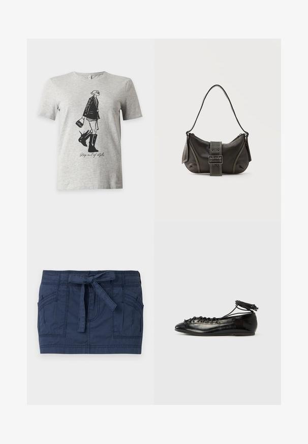 T-shirt gris clair à manches courtes avec une illustration noire d'une femme en bottes et veste tenant un sac à main et le texte "Step out of style."; Mini-jupe bleu marine avec grandes poches avant et ceinture en tissu nouée à la taille, en coton texturé.; Ballerines en cuir verni noir avec un bout rond, un design à lacets et une semelle plate. Texture lisse avec peu de détails.; Sac à épaule en cuir noir avec une sangle à boucle, des bords arrondis et des coutures blanches contrastées sur un fond uni.