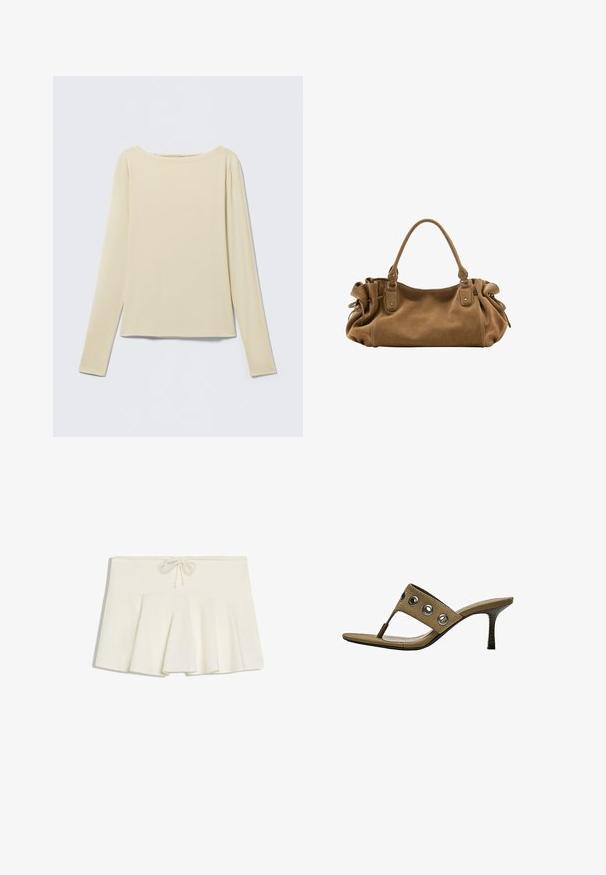 Haut beige à manches longues et cintré avec un col bateau, présenté à plat sur un fond clair.; Mini-jupe plissée blanche avec une taille à cordon et un tissu doux et structuré, posée à plat sur un fond blanc.; Sandale en daim marron à petit talon, avec attache pour l'orteil et quatre œillets métalliques sur la bride.; Sac à main en daim marron doux avec une poignée supérieure unique et des détails latéraux froncés maintenus par des sangles en cuir et des anneaux métalliques.