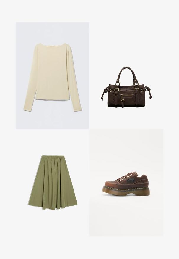 Haut beige à manches longues et cintré avec un col bateau, présenté à plat sur un fond clair.; Jupe mi-longue vert olive avec taille élastique et plis subtils, réalisée en tissu doux et fluide.; Baskets plateformes en cuir marron avec une tige texturée, surpiqûres blanches, fermeture à lacets et accent jaune sur le bord de la semelle.; Sac à main en cuir marron foncé avec double poignée, poche avant zippée, boucles décoratives et nœuds latéraux sur fond blanc.