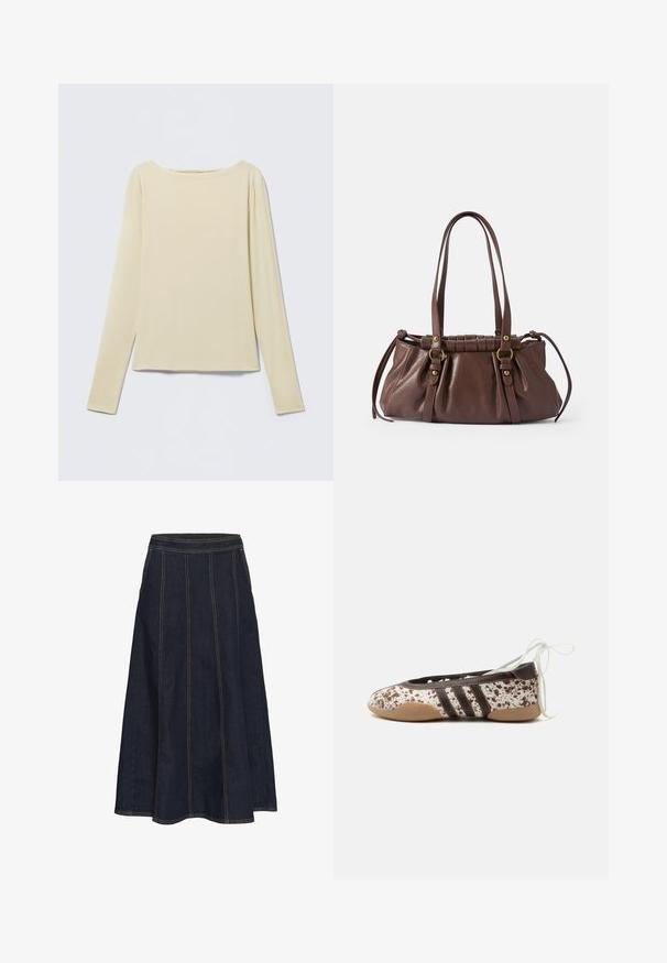 Top beige ajustado de manga larga con escote barco, exhibido sobre un fondo claro.; Falda A de mezclilla oscura con una cinturilla ancha, costuras visibles y un dobladillo acampanado. No tiene bolsillos ni adornos.; Zapato de ballet plano con patrón moteado marrón y blanco, tres rayas oscuras en el lateral, suela marrón claro y cordones blancos para atar en el tobillo.; Bolso de cuero marrón con dos asas largas, diseño acanalado, acentos de hardware en tono dorado y un acabado texturizado.