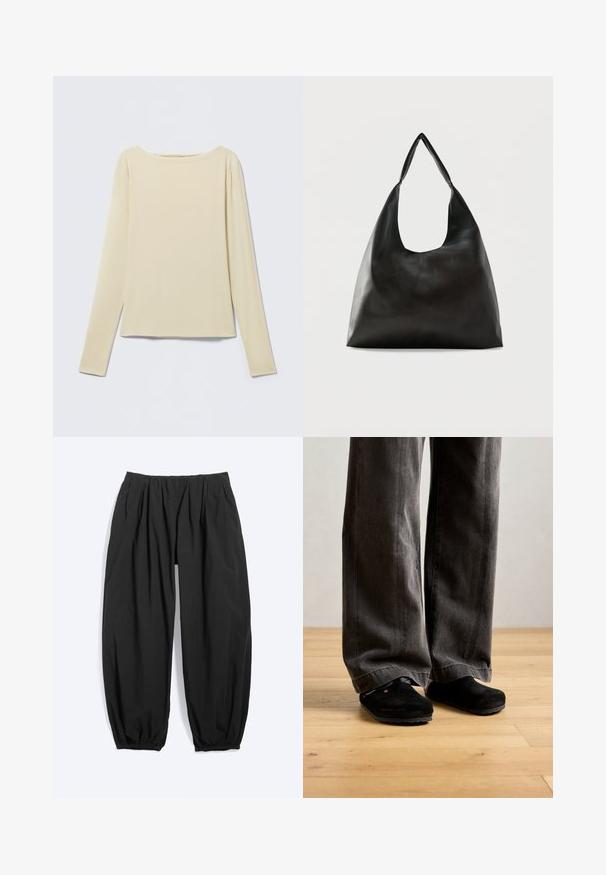 Top beige ajustado de manga larga con escote barco, exhibido sobre un fondo claro.; Pantalones negros holgados con pierna estrecha, cintura elástica y puños en los tobillos, hechos de tela ligera.; Persona vestida con pantalones sueltos de color gris oscuro y zapatos negros sin cordones, de pie sobre un suelo de madera clara contra una pared lisa.; Bolso de hombro de cuero negro liso con una correa ancha y única y un diseño desenfadado y minimalista sobre un fondo sencillo.