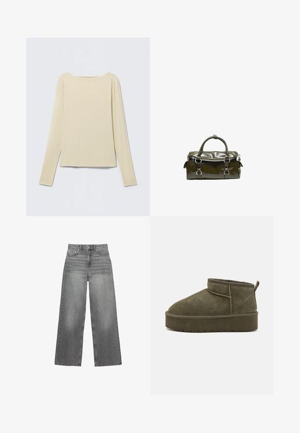 Beige langærmet tætsiddende top med bådudskæring, vist fladt på en lys baggrund.; Grå brede jeans lavet af denim, med en mellemhøj talje, fem lommer og subtil falmning på benene.; Olivengrøn ruskind ankelstøvler med rund tå, syninger og en tykkere sål med struktureret mønster. Lille trækflap bagpå.; Blank mørkegrøn læderhåndtaske med to runde håndtag, sølvlynlås øverst og spændedetaljer foran.