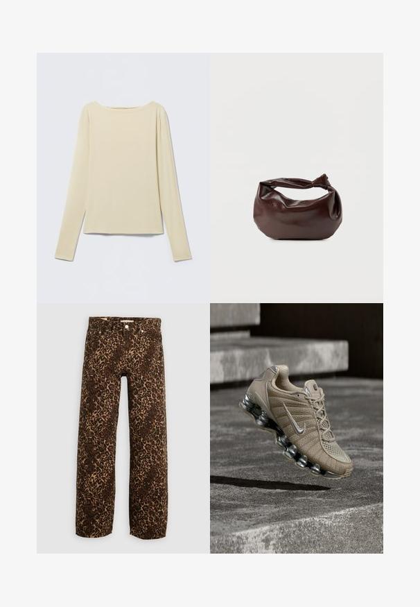 Beige langærmet tætsiddende top med bådudskæring, vist fladt på en lys baggrund.; Bordeaux og tan leopardprint brede benjeans. Fremstillet af denim, med et klassisk fem-lomme design og metalhardwaredetaljer.; Beige Nike løbesko med sølvdetaljer og fjederlignende sål svævende over betontrin i dæmpet belysning.; Mørkebrun læder skuldertaske med en blød, afslappet form og et snoet knudehåndtag på en ensartet hvid baggrund.