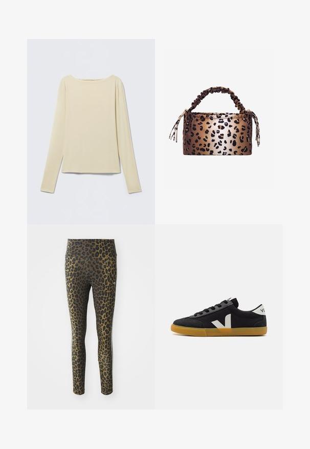 Haut beige à manches longues et cintré avec un col bateau, présenté à plat sur un fond clair.; Leggings imprimés léopard avec une taille haute, en tissu extensible et accents noirs sur une base marron clair, conçus pour le confort et un ajustement parfait.; Veja VOLLEY - Baskets basses - black/white/natural; Sac à main en tissu imprimé léopard marron et beige avec poignée froncée et pampilles latérales sur fond blanc.